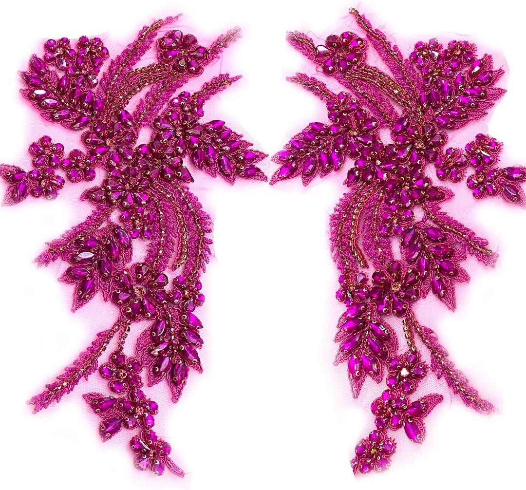 Hand-Made Beaded Rhinestons DIY Clothing Appliques Patch,Beaded Applique for Jeans Jacket Shoes Bags Bells and Other DIY Projects Decoration Hot Pink Beading Flower Applique by Pair (Hot Pink-B)