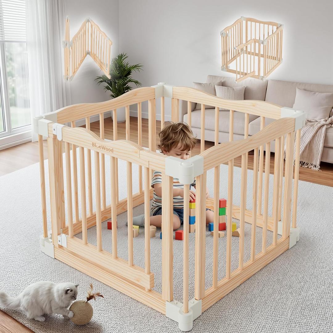 Foldable Wooden Playpen - Adjustable Wood Baby Play Yard with Door, Indoor Large Safety Fence for Babies and Toddlers - Easy Assembly, Natural, 30 x 30 x 24 inches
