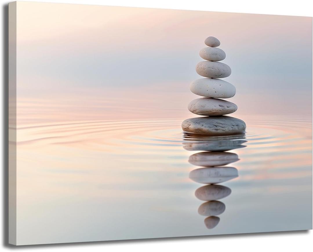Zen Stone Canvas Wall Art Stones in Water Print Pictures Bathroom Wall Art Decor Framed Tranquil Nature-Inspired Relaxing Artwork for Yoga Meditation Spa Room Decor, 24"L x 16"W