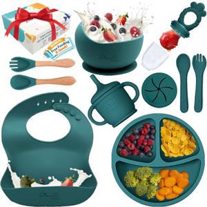 Silicone Baby Feeding Set, 10 Pcs Baby Led Weaning Supplies | BPA-Free Baby Dishes with Toddler Plates and Bowls Set, Silicone Bib, Suction Cup, Baby Spoons & Forks | Empower Independence  Green
