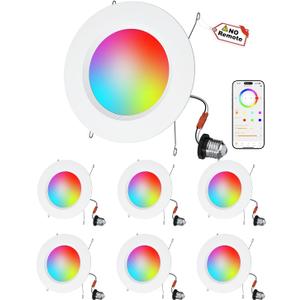 LED Recessed Lighting 6 inch/5 inch, Smart RGB Bluetooth Can Lights, 13W 1050LM, Color Changing, Retrofit Led Recessed Light Compatible with Alexa for Bedroom Living Room Kitchen, 6Pack