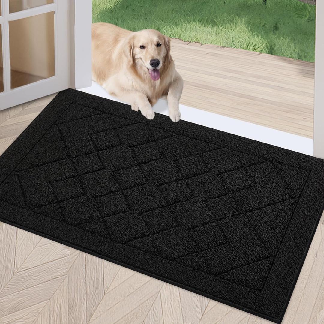 REFETONE Indoor Doormat, Front Back Door Mat 24"x36" Rubber Backing Non Slip Mats, Absorbent Washable Entrance Doormat for Entryway, Resist Dirt Low-Profile Inside Floor Mat for Muddy Shoes, Black (Big Plaid Black)