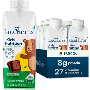 KATE FARMS Organic Kids Nutrition Chocolate Shake, 8g Protein, 27 Vitamins and Minerals, Meal Replacement, Gluten Free, Non-GMO, 8.45 oz (6 Pack)