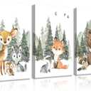 3Pcs Woodland Animal Nursery Canvas Wall Art Forest Adventure Theme Animals Picture Posters Wall Decor Cute Watercolor Deer Bear Fox Painting Print Artwork for Kids Baby Bedroom Decor 16x24in