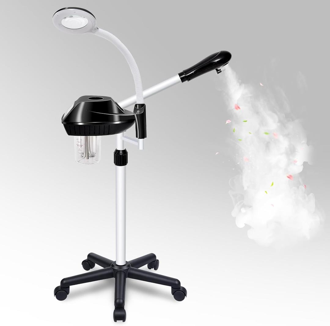 Professional Facial Steamer, 2 in 1 Facial Steamer on Wheels with 5X Magnifying Lamp, Steamer for Face Adjustable Height, Steamer for Facial for Salon, Spa and at Home Use (Large)