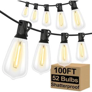 Brightever LED Outdoor String Lights 100FT Patio Lights with 52 Shatterproof ST38 Vintage Edison Bulbs, Outside Hanging Light Waterproof for Porch, Deck, Garden, Backyard, Balcony, 2700K Dimmable
