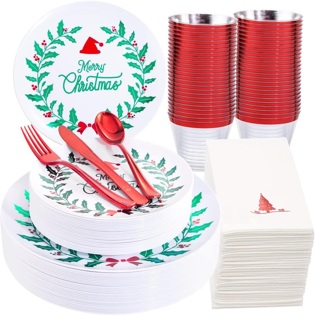 Liacere 175PCS Christmas Plastic Plates - White & Green; Includes 50 Wreath Plates, 25 Red Cutlery, 25 Cups, 25 Tree Napkins