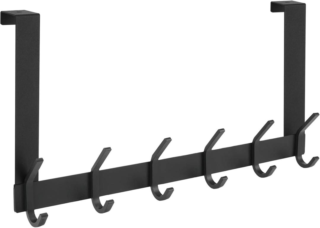 2 x TICONN Over The Door Hooks, 6 Heavy Duty Dual Coat Rack All Aluminium Coat Hanger for Jacket Hat Towel in Bathroom Bedroom Dorm(Black, 1PK)