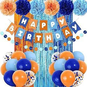Boy Birthday Decorations, Blue Birthday Supplies, Light Blue Navy Brown Tan Orange Banner, Fringe Curtain, Boho Balloons, Pom Poms Backdrop