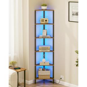 TUTOTAK Corner Shelf with LED Light, 6-Tier Corner Bookshelf for Small Space, Narrow Display Corner Shelf Stand with Storage Rack, for Living Room, Bedroom, Rustic Brown BS05BB006L