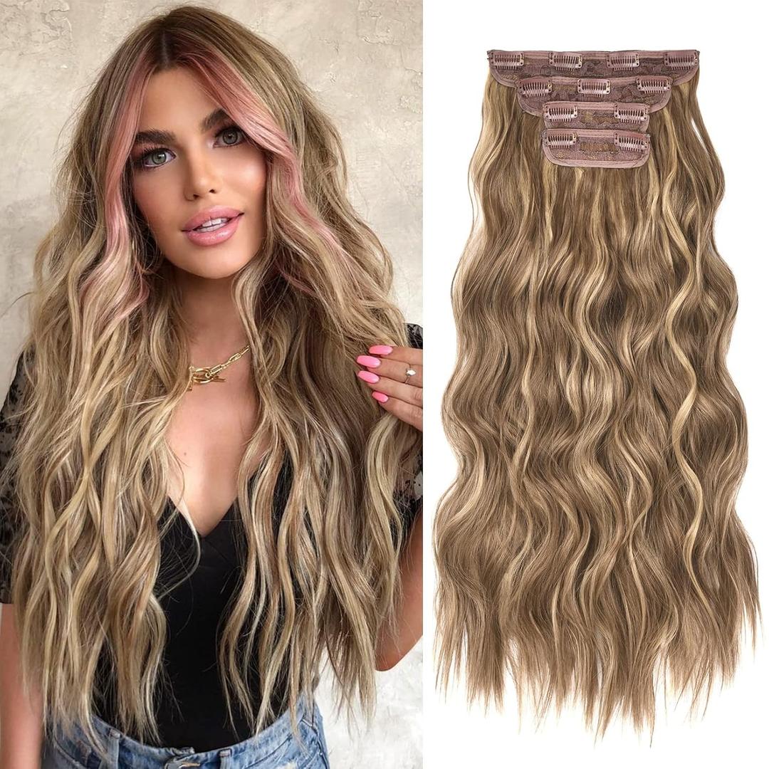 REECHO Hair Extensions, 4PCS Clip in Hair Extensions HE001 Natural Soft Synthetic Hairpieces for Women, Light Brown with Blonde Highlights
