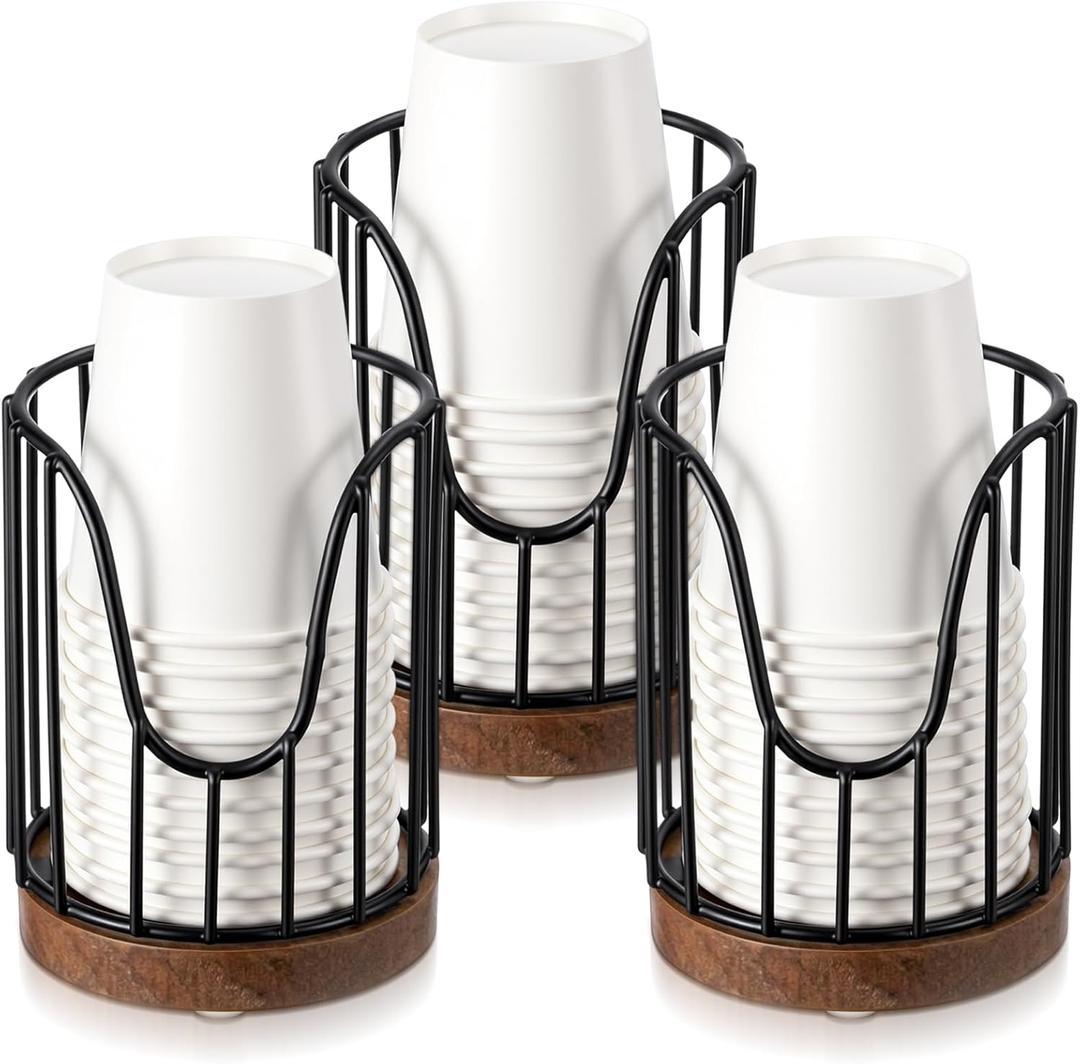 3 Pack Bathroom Cup Dispenser with Wood Stand Rural Essential Guest Bathroom Accessories for Countertop Toothbrush Holders, Mouthwash Cup Dispenser, Cotton Pad Rack, Black