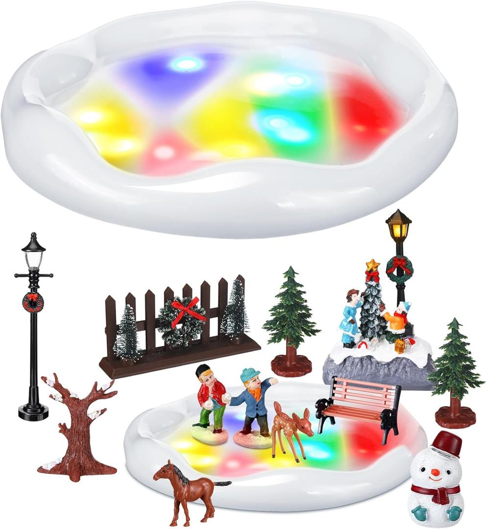 Thyle Christmas Village Sets Ice Skating Pond with LED Lights Christmas Miniature Figurines Accessories for Home Decorations Indoor Holiday