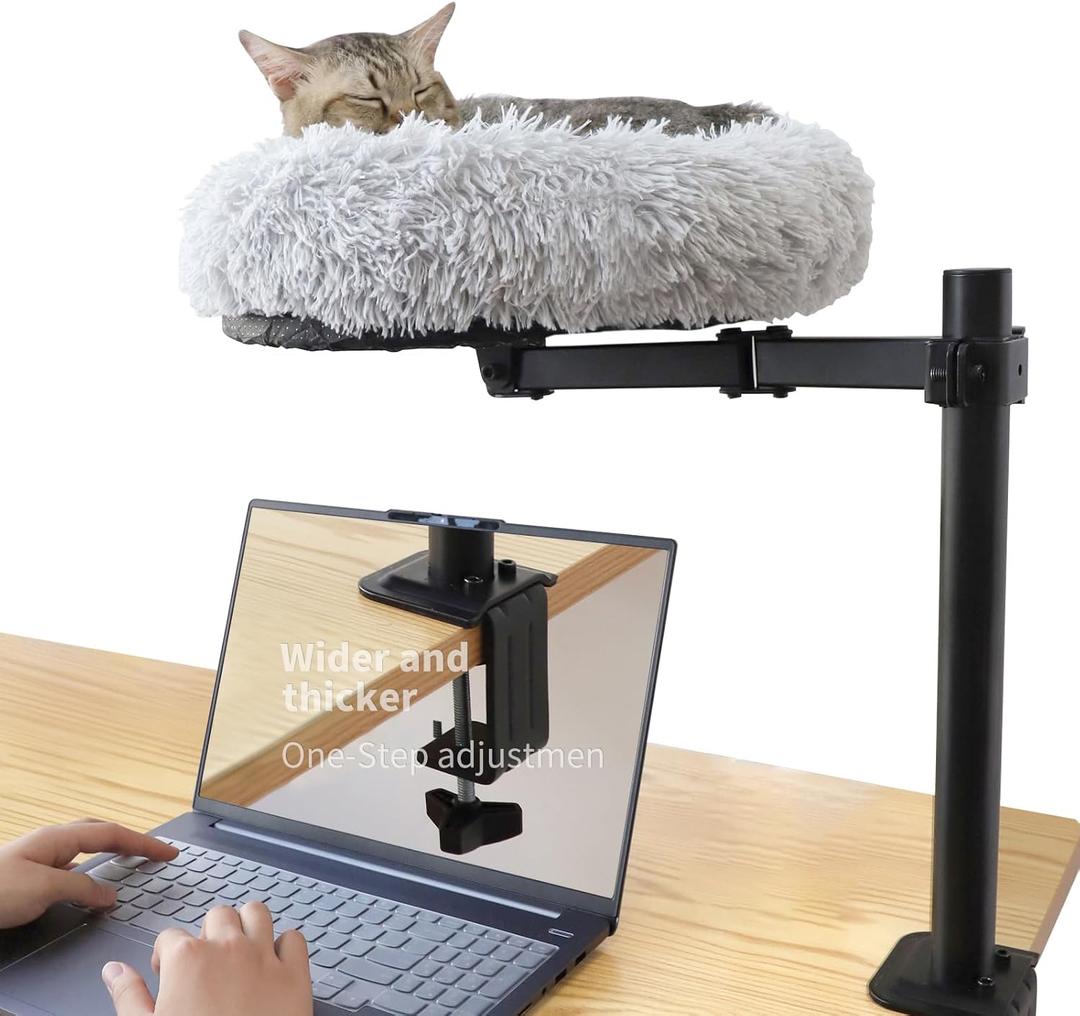 HengLiSam 18'' Cat Desk Bed, 360 Rotating & Height Adjustable Cat Hammock Bed, Cozy Soft Plush Pet Cushion for Office Desks and Game Tables