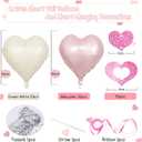 3 x Pink White Heart Balloons, 24Pcs 18Inch Baby Pink Cream White Foil Shaped Love Balloons and 50Pcs Hanging Streamer for Valentine's Day Decorations, Birthday, Wedding Party