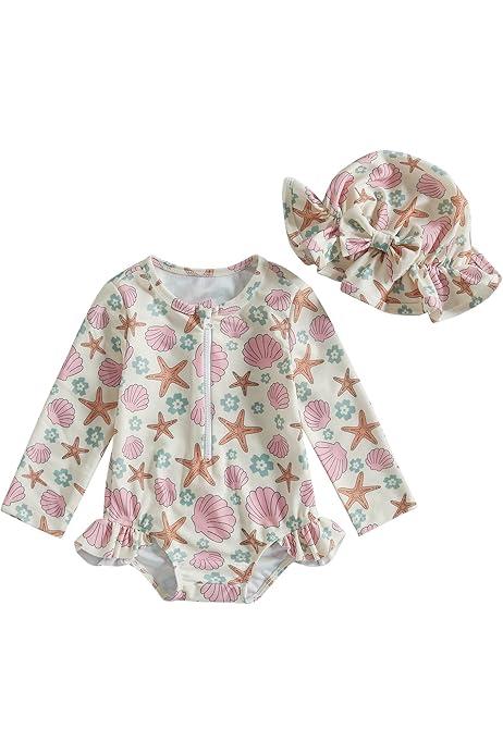Infant Baby Girl Swimsuit Long Sleeve Zipper One Piece Bathing Suit with Sun Hat Swimwear Toddler Girl Rash Guard 3-4 Y