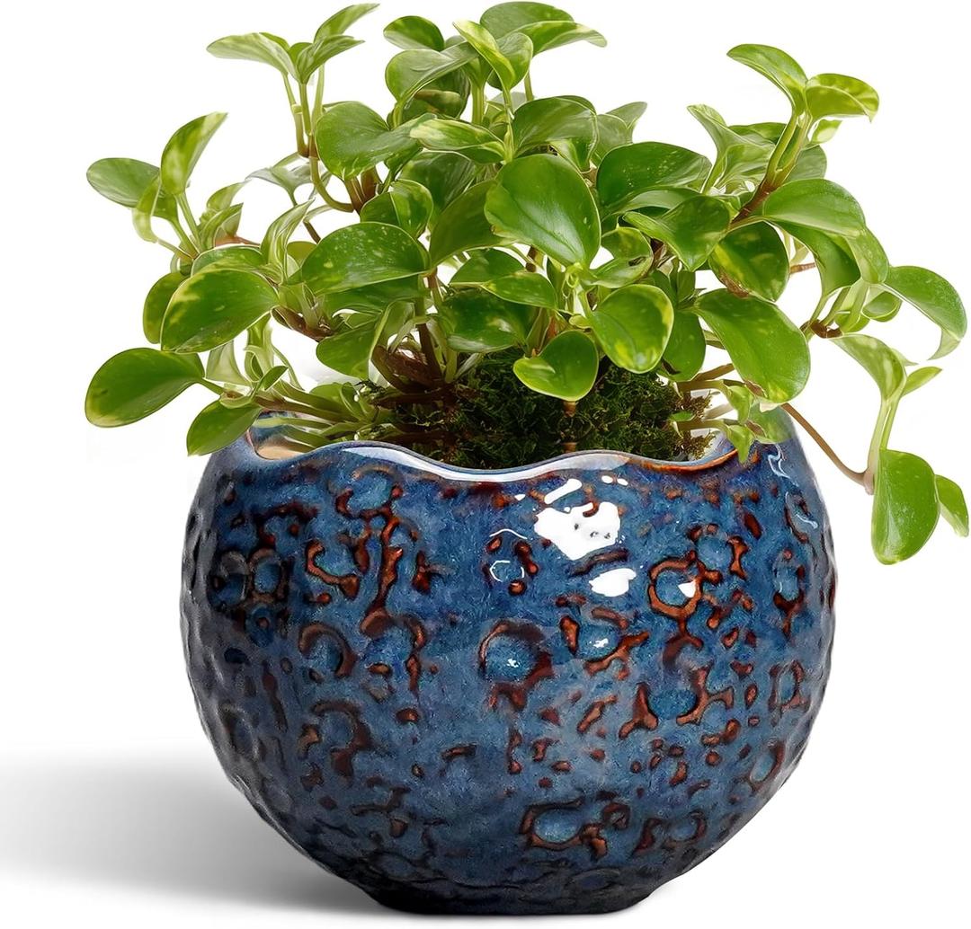 Ceramic Pots for Plants - 4 Inch Plant Pots for Indoor Outdoor, Small Planter with Drainage Hole, Unique Flower Pot, Decorative Modern Round Planter, Office Decor, Home Gifts, Retro Blue, 4.5 Inch
