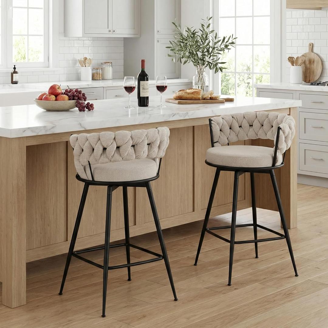YOUNUOKE 360 Swivel Bar Stools Set of 2, 28 inch Seat Height Barstools with Woven Low Back, Metal Straight Legs with Footrest, Chenille Bar Stool for Kitchen Island, Bar & Pub (2 PCS, Beige), 36.22 inches tall