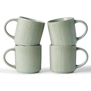 Famiware Coffee Mug Set for 4, Star 12 oz Catering Mugs Cup Set with Handle for Coffee, Tea, Cocoa, Milk - Ceramic Stoneware Drinkware Set, Matte Green