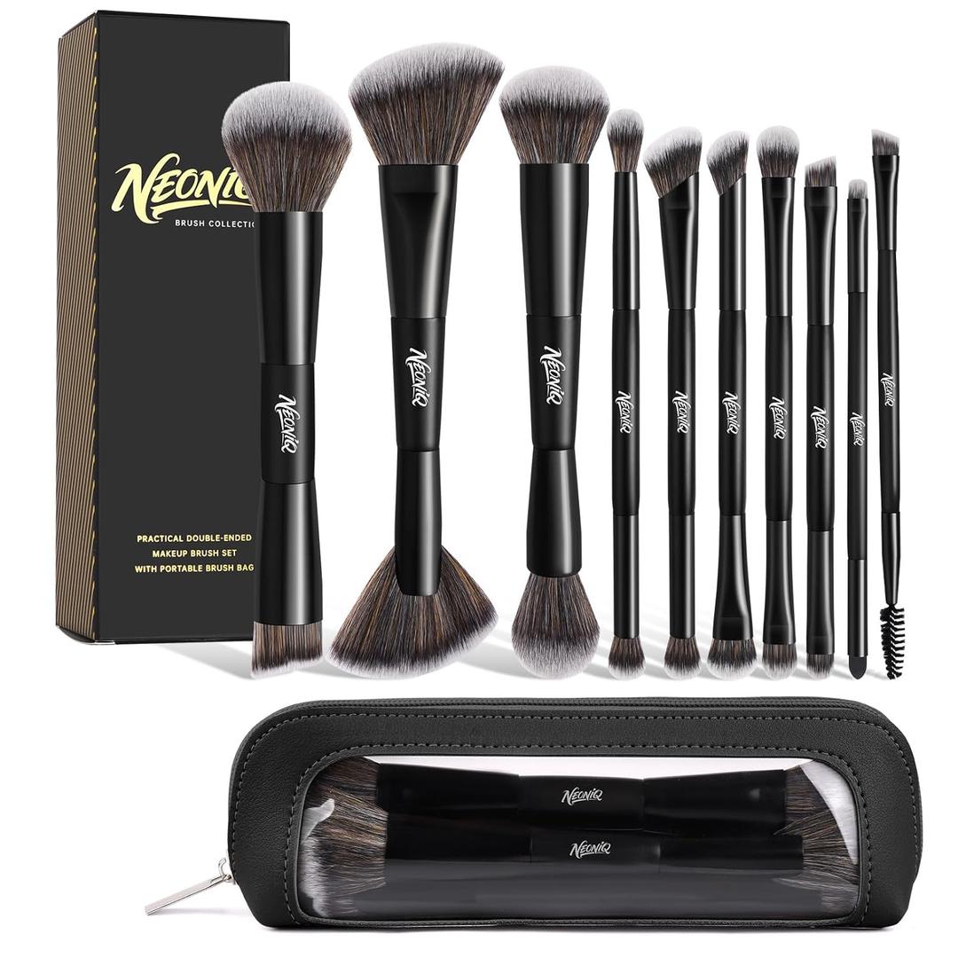 NEONIQ 10 PCS Travel Makeup Brush Set With Bag, Makeup Brushes, Double-End Multi-functional Brushes for Foundation Powder Blush Eyeliner Eyeshadows, Professional Face Brush Set (Black）