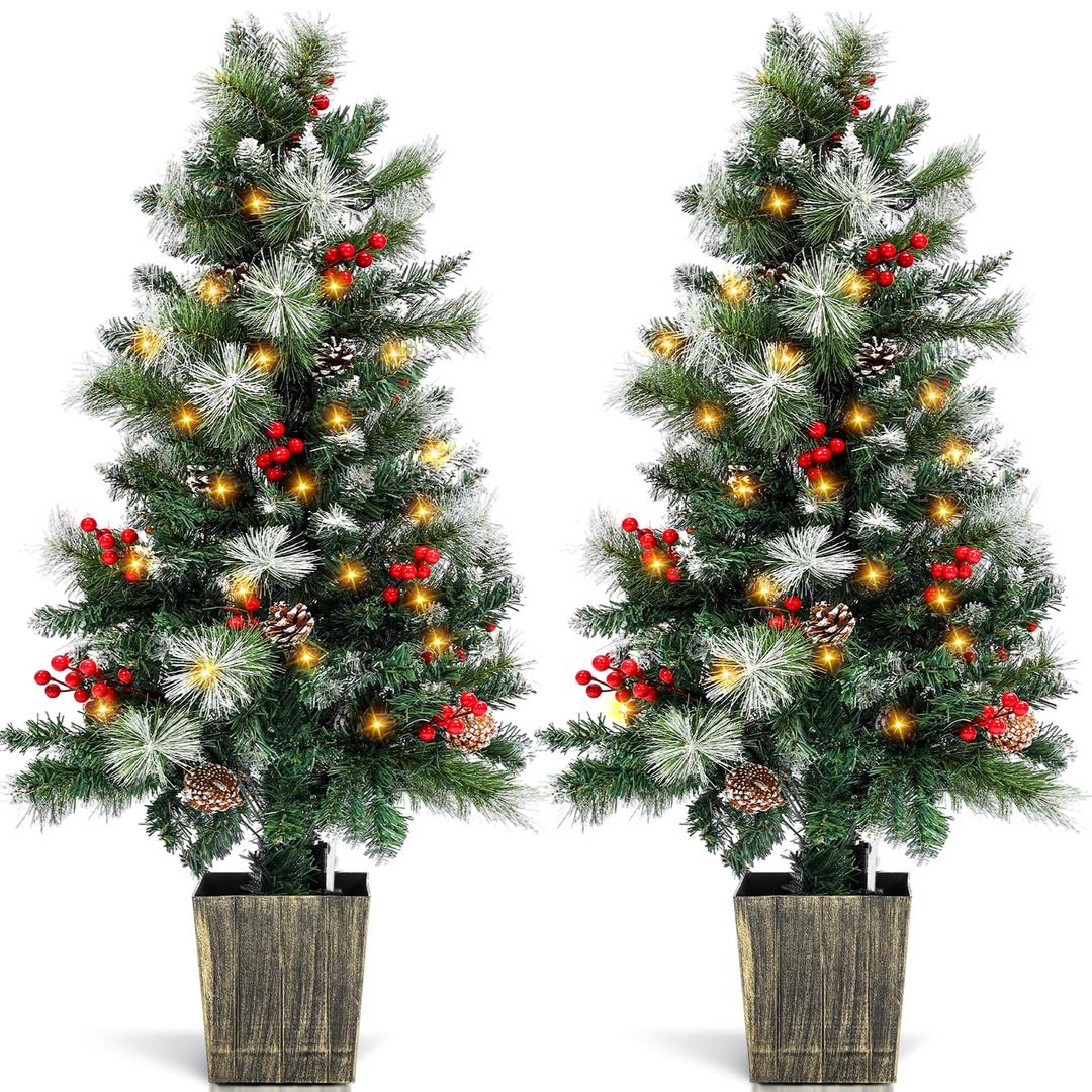 2 Pack 4FT Entrances Christmas Trees for Porch Pre Lit Artificial Pathway Potted Xmas Tree with 100 LED Lights 8 Mode Remote Control Berries Pine Cones for Front Door Driveway Yard Outdoor