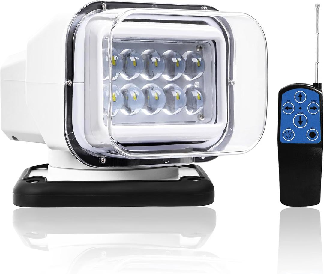 LuxBang Remote LED Search Lights for Trucks, Auto-Reset 360 Rotating Marine Spotlight for Boat, 6 Strong Magnets Built-in Go Spot Light for Truck (12V-24V White)