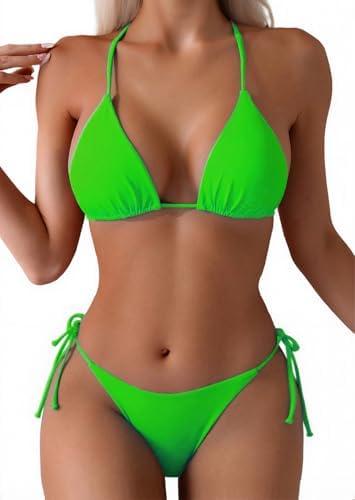 Tainehs Women's Sexy Halter Thong Bikini Tie Two Sides Bottom Triangle Bikini Swimsuits (Medium)