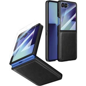 Foluu Leather Case for Samsung Galaxy Z Flip 7 with Front Built-in Screen Protector, PU Leather + Hard PC Shell Ultra Thin Slim Durable Protective Phone Cover for Galaxy Z Flip7 5G 2025 (Black)