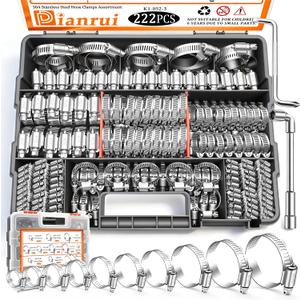 Dianrui 222 PCS Hose Clamp Assortment 1/4"-2-3//4"(6-70mm) 304 Stainless Steel Hose Clamp Kit, Worm Gear Hose Clamps Heavy Duty for Plumbing/Tube/Automotive/Marine with Screwdrivers-10 Size