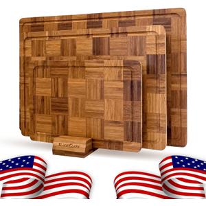 SliceElite Extra Large Bamboo Cutting Board Set 3 Piece End Grain Wooden Chopping Boards with Holder Non Slip Feet Juice Groove XL Butcher Block Style Boards for Kitchen Carving and Serving