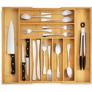 Premium Bamboo Silverware Organizer - Expandable Kitchen Drawer Organizer and Utensil Organizer, Perfect Size Cutlery Tray with Drawer Dividers for Kitchen Utensils and Flatware (7-9 Slots) (Natural)