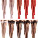 10 Pairs Silk Fishnet Thigh High Stockings Women Lace Top Sheer over Knee Stocking for Halloween (Medium, Black Red White)