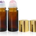 2 Pack 1.7oz Refillable Rose Quartz Amethyst Roller Bottles for Oils | Amber Glass Roll-On Bottles with Natural Roller Balls and Leak-Resistant Gold Caps for Perfumes,Essential Oils
