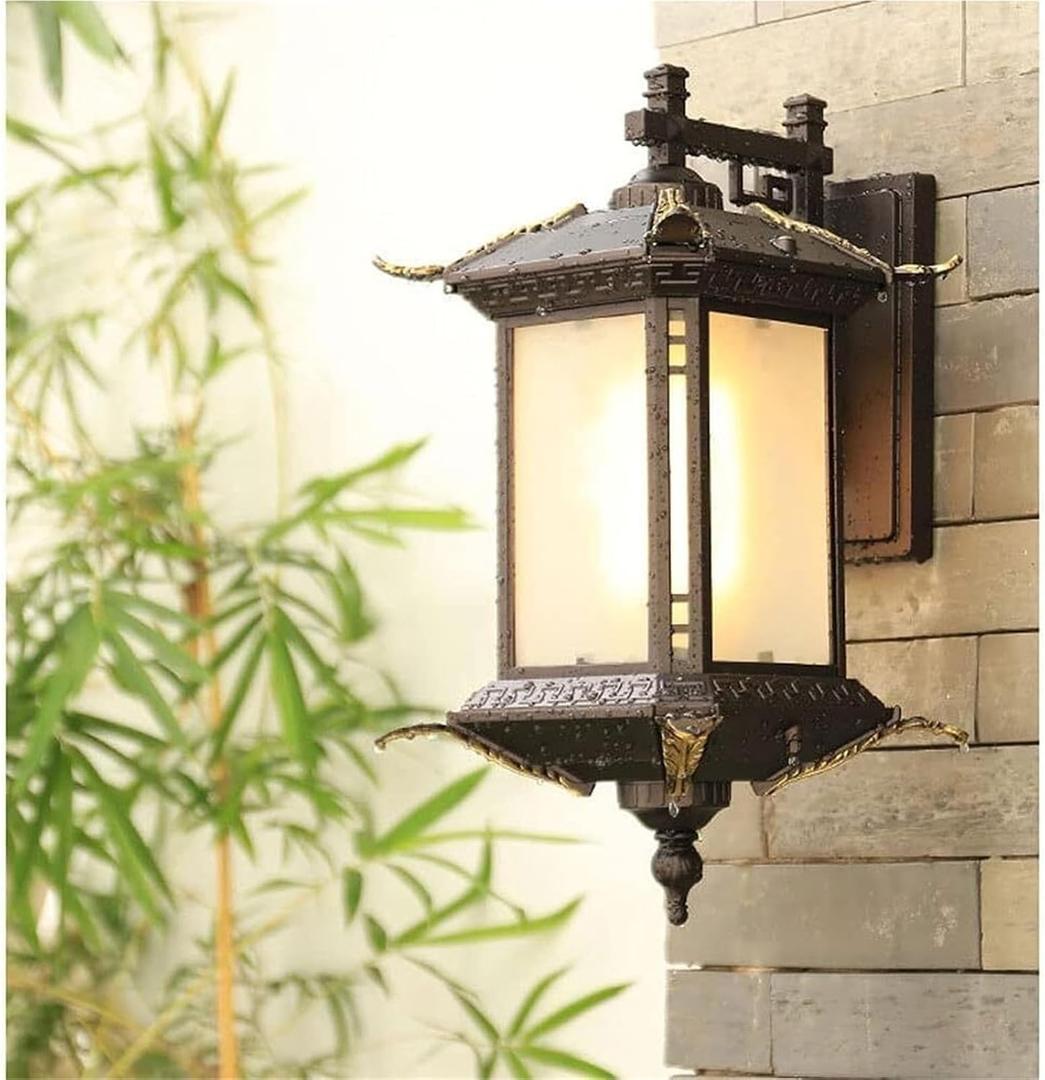 Asian Pagoda Style Outdoor Wall Lantern, Waterproof Bronze Finish Exterior Sconce Light with Gold Accents, Metal & Glass E27 Base for Porch, Garden, Patio, Courtyard, Temple, Entryway(Bulb Included), One Size