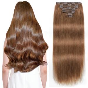 Sisily Clip in Hair Extensions Real Human Hair, 14 inch 130g, Medium Light Brown, 100% Brazilian Remy Human Hair Clip in Extensions Soft Straight 7pcs Per Set with 16 Clips Double Weft