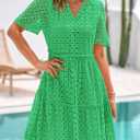 PRETTYGARDEN Eyelet Dresses for Women 2026 Summer Short Sleeve V Neck Hollow Out Ruffle A Line Boho Beach Vacation Mini Dress (Green, S)