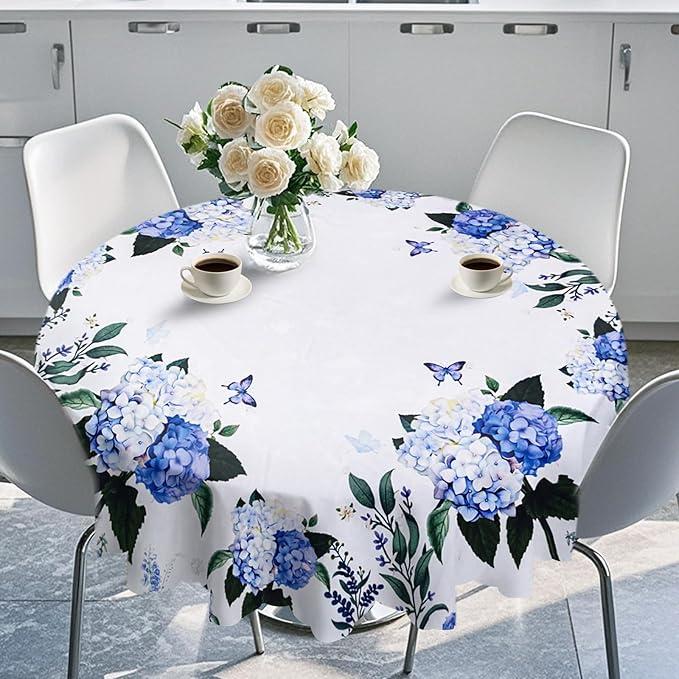 60 Inch Round Tablecloth Waterproof Blue Floral Table Cloth Spring Summer Flower Hydrangea Table Cover Wrinkle Free for Indoor Outdoor Kitchen Dining Holiday Picnic Party Decor