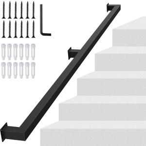 4FT Square Tube Handrails for Indoor Stairs,Black Metal Staircase Handrail 500LBS Load,Industrial Pipe Stair Safety Rails for Seniors,Kids,Pregnant,Rust-Resistant Stair Railing for Loft,Porch,Deck