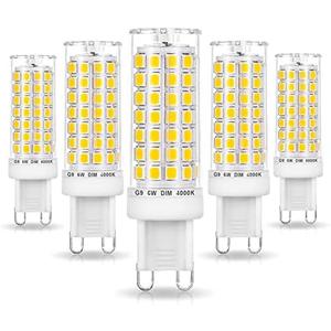 Ziomitus G9 Led Bulbs Dimmable 4000k Natural White,G9 40W 50W 60W T4 Halogen Replacement,No Flicker G9 6W AC120V Dimmable Neutral LED Bulbs for Chandelier Pendant Lighting,600 LM(5Pack)