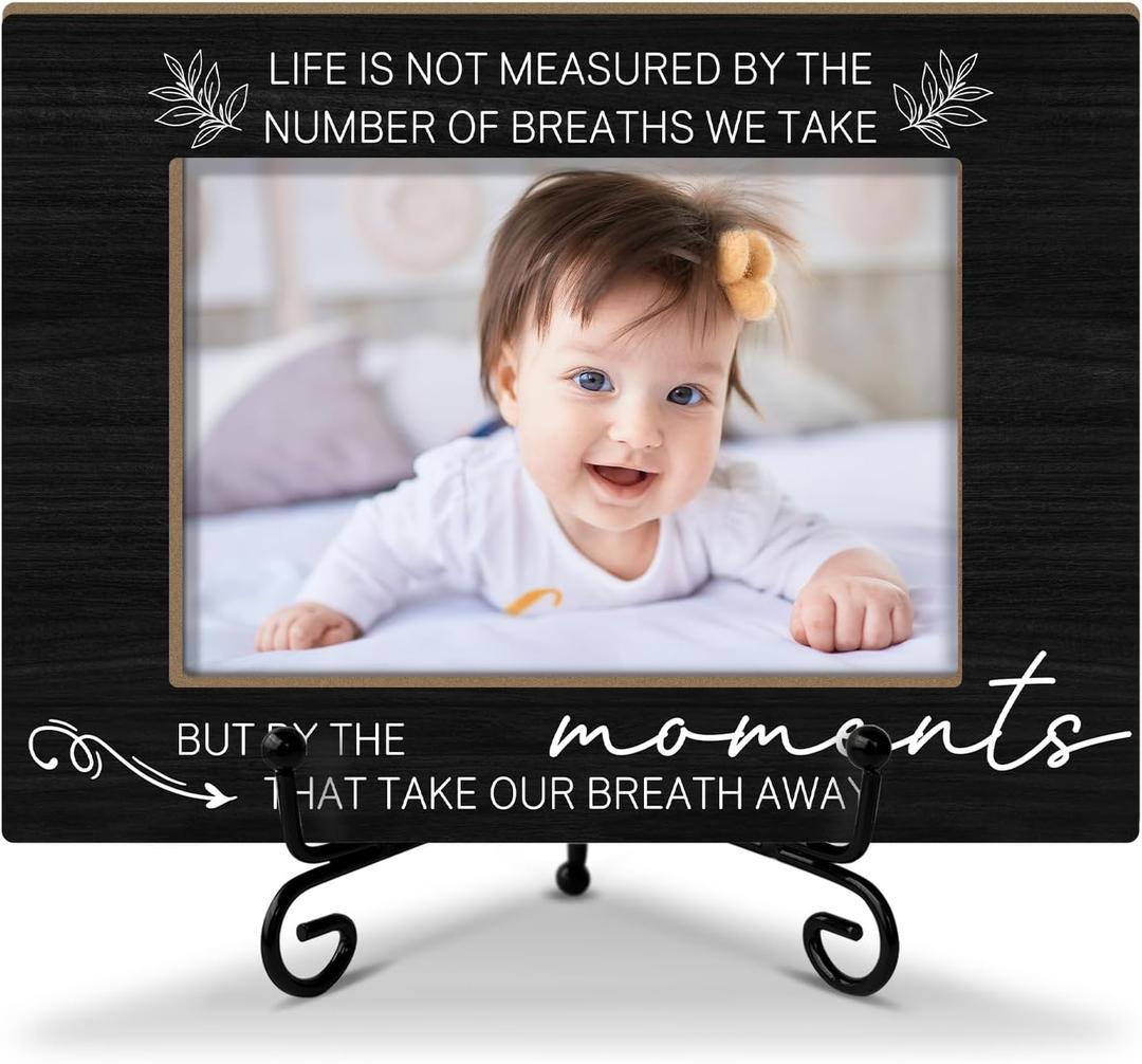 Wooden Photo Frame - Life is by The Moments That Take Our Breath Away 4x6 Picture Frame Horizontal, Tabletop Display Home Decor for Living Room, Rustic Picture Frames for Friends Colleague - 37