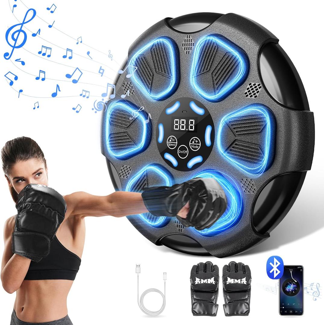 Boxing Machine, Music Boxing Machine Punching Training Equipment for Adults  Kids with Gloves, Electronic Smart Bluetooth Training Machines Wall Mounted Musical Home Workout Fitness Trainer-Black