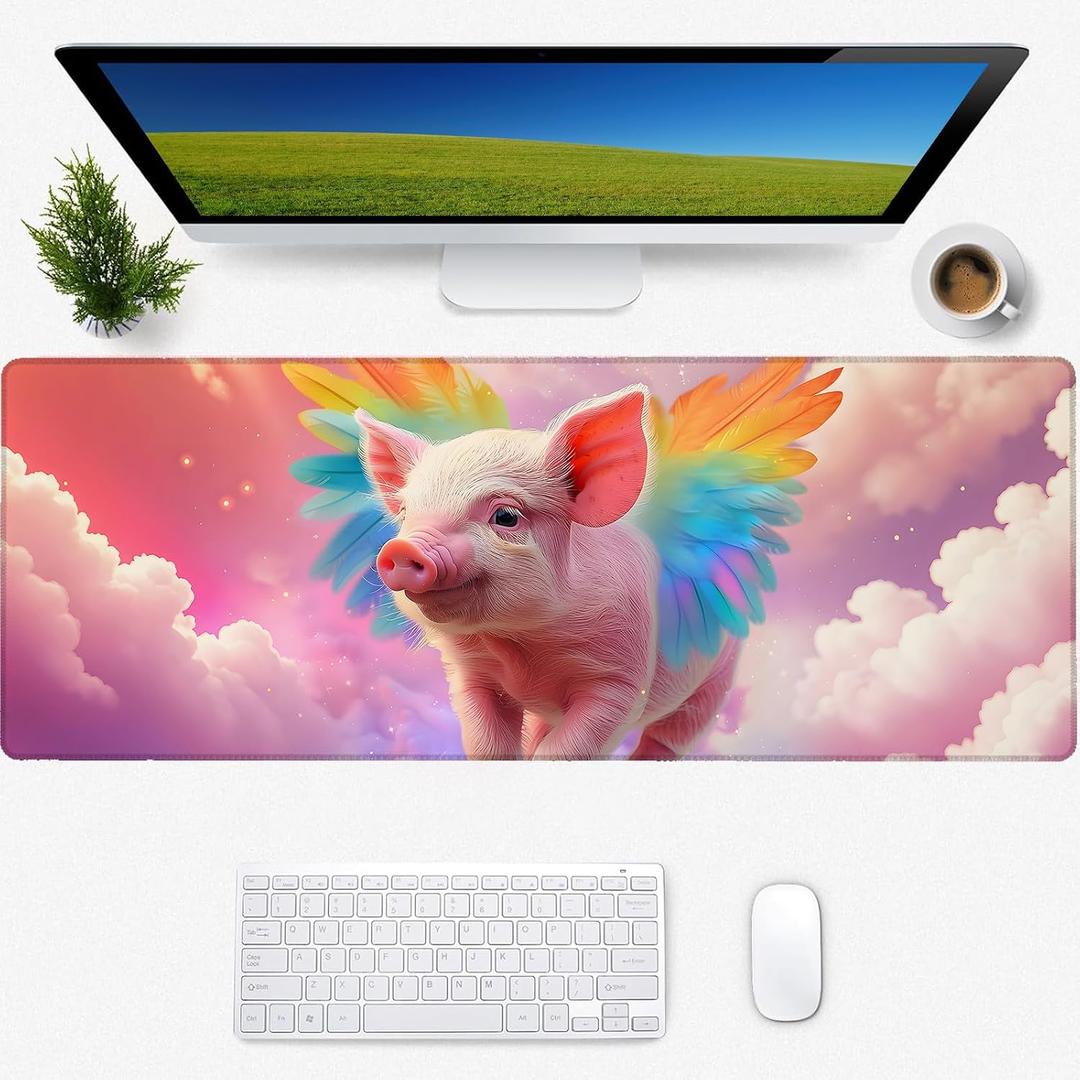 Rainbow Pink Pig Gaming Mouse Pad, Desk Mat, Non-Slip Rubber Base Cool Aesthetic MousePads for Computer Laptop Keyboard Office School Home Desktop Accessories Decor 31.5" x 11.8"