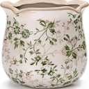 Vintage Ceramic Planter Pot with Drainage Holes, Green Floral Design, 6.11 Inch, Distressed Tuscan Style, Indoor Plant Pot and Vase (Sage Beige)