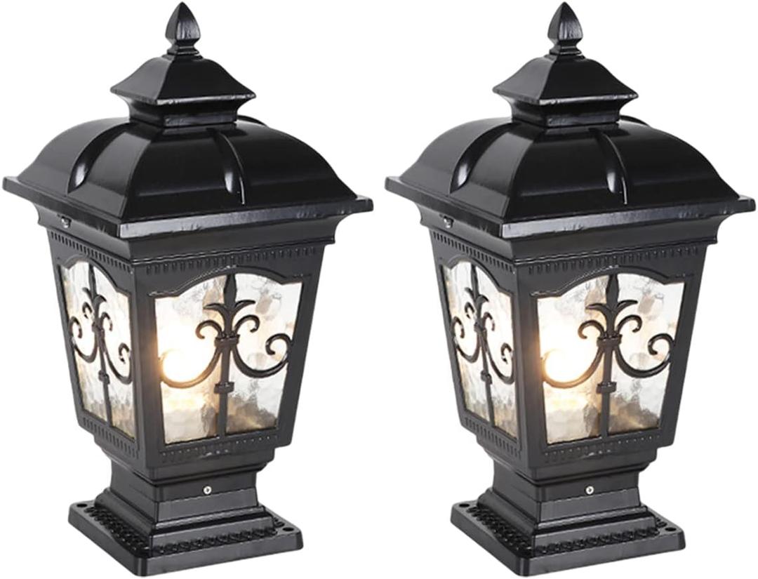 2 Pack Outdoor Column Lights, Traditional Waterproof Garden Post Light Aluminum Modern Fence Pillar Lamp Outdoor External Patio Landscape Glass Post Lantern E26 Fixture (B-Black)