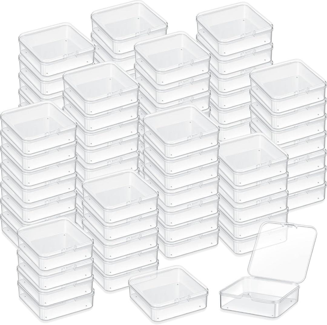 100 Pieces 3 x 3 x 1 Inch Plastic Bead Storage Containers Box Transparent Boxes with Hinged Lid Clear Bead Organizer Box for Small Items DIY Craft Jewelry Hardware Business Cards Game Pieces