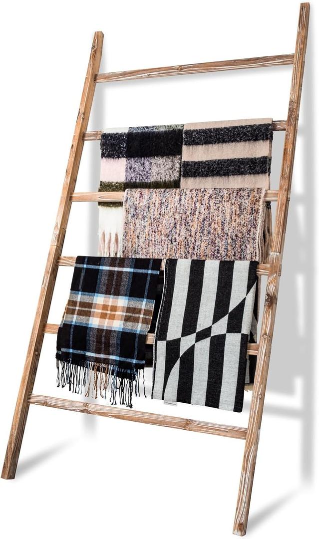 RANXFLOAT 6-Tier Blanket Ladder Wooden, Blanket Quilt Towel Holder Rack Decorative Ladder, Rustic Farmhouse Ladder Shelf for The Living Room Bedroom Home Decor Carbonized Wood 38 Inch