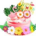 13 Pieces Flamingo Cake Toppers Summer Cake Decoration with Cute Pink Flamingo Figures and Hibiscus Flower Palm Leaves for Tropical Hawaiian and Beach Themed Party Supplies