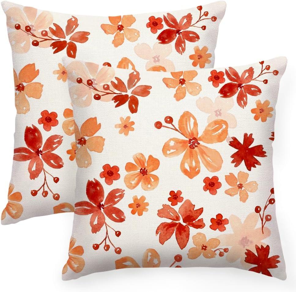RABUSOFA Fall Throw Pillow Covers 18x18 Inch Set of 2,Autumn Floral Decor Thanksgiving Harvest Farmhouse Cushion Case Decoration for Home Sofa Couch (Orange, 18" x 18")