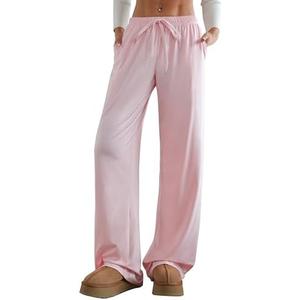 Aoulaydo Women's Wide Leg Lounge Pants Low Rise Baggy Pajama Bottoms with Pockets Y2K Pjs Bottoms, Rose, Size S