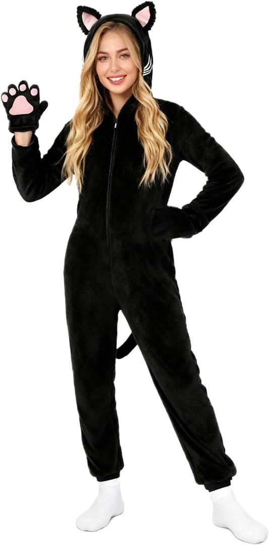 Cheetah Onesie Cat Costume for Women Halloween Fleece Leopard Costumes Animals Cosplay Dress Up (Large)